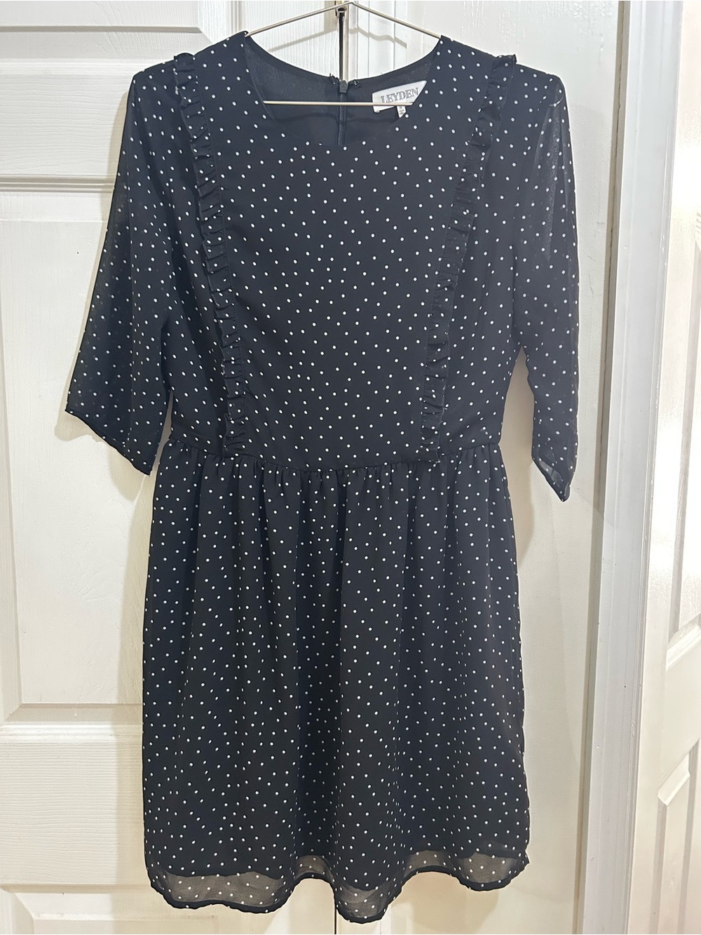 Leyden Black & White Polka Dot Mini Dress Ruffle Detail Chiffon Size Small
